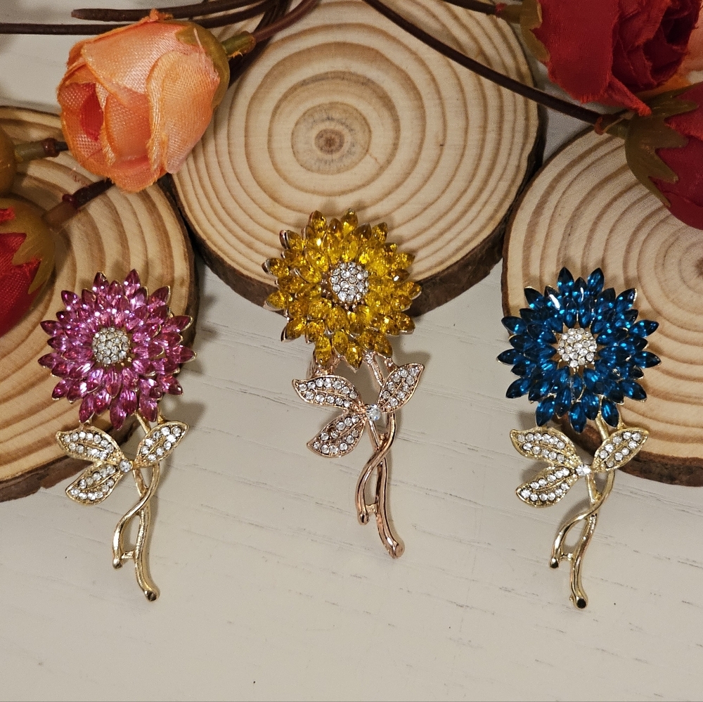 Sparkling Rhinestone Flower Brooches (3 available)